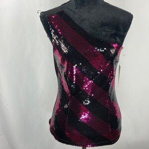 Grass Collection Pink and Black One Shoulder Sequin Top